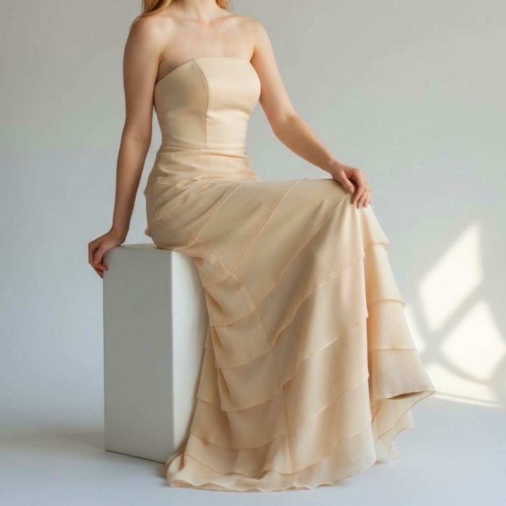 Lazaro Vintage Ruffled Tiered Cocktail Formal Dress Charmeuse